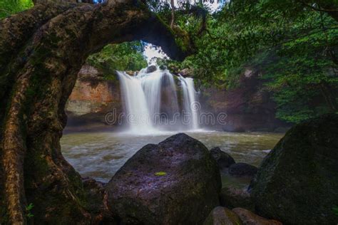 Beautiful Waterfall With Sunlight In Jungle Haew Suwat Waterfall At