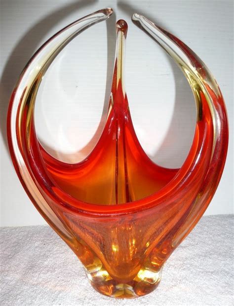 1950s 60s Vintage Retro Murano Art Glass Vase Red Orange Yellow D1 Glass Bottles Art Glass