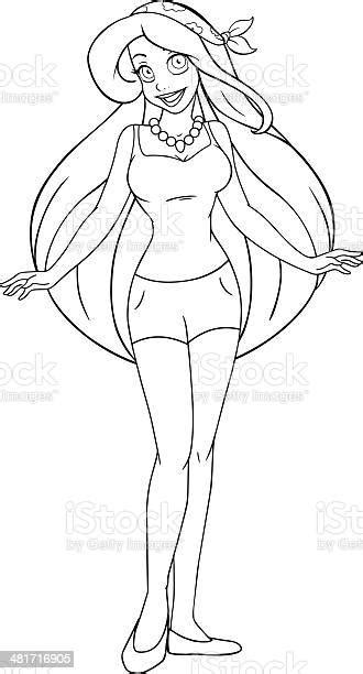 Teenage Girl In Tanktop And Shorts Coloring Page Stock Illustration