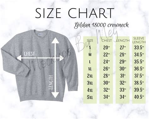 Gildan 1800 Crewneck Sweatshirt Size Chart Gildan Heavy Etsy