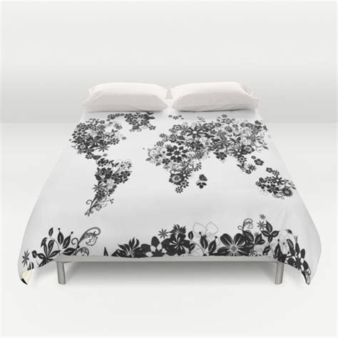 World Map Floral Black And White Duvet Cover By Bekim Art Society6