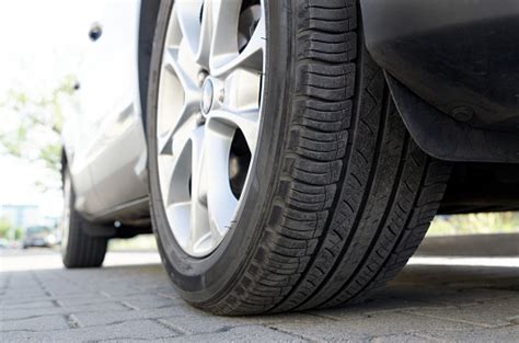 Car Tire Close Up Parked Car Low Angle Shot Stock Photo Download