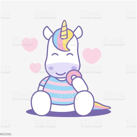 Cute Cartoon Unicorn Eating Donut Vector Illustration Stock