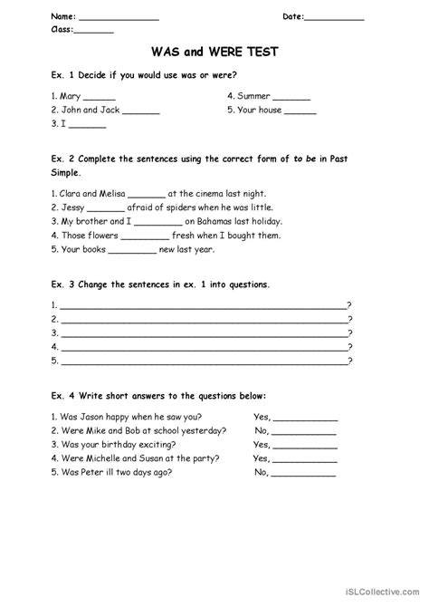 Was And Were Test English Esl Worksheets Pdf And Doc