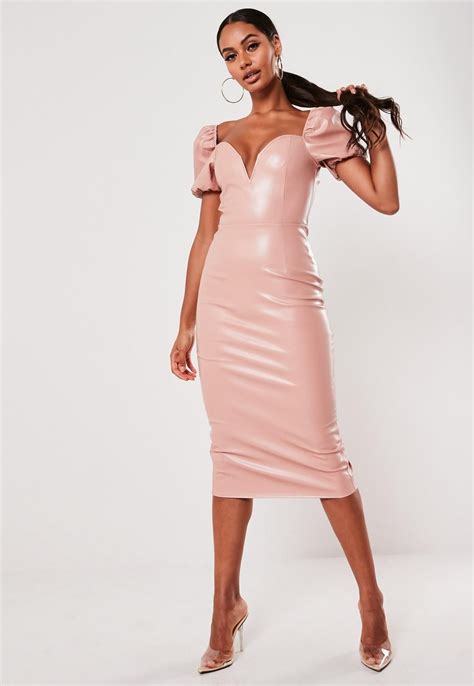 Pink Faux Leather Sweetheart Neckline Puff Sleeve Dress Missguided