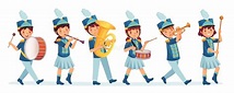 Cartoon Kids Marcheren Bandparade. Kindermuzikanten Op Marchingkinderen ...