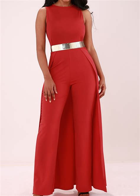 Overlay Embellished Solid Red Sleeveless Jumpsuit Usd