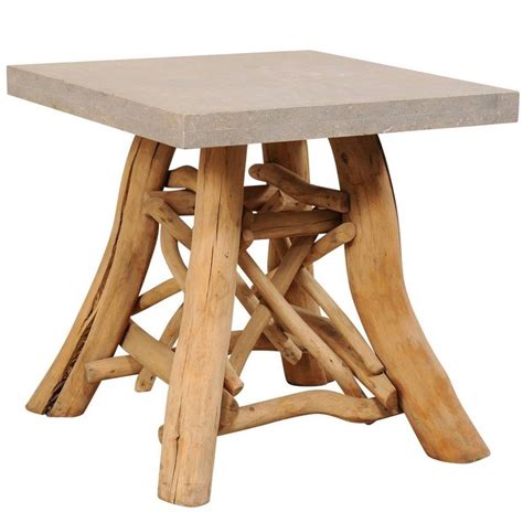 European Rustic Natural Tree Branch Occasional Table With Honed Stone