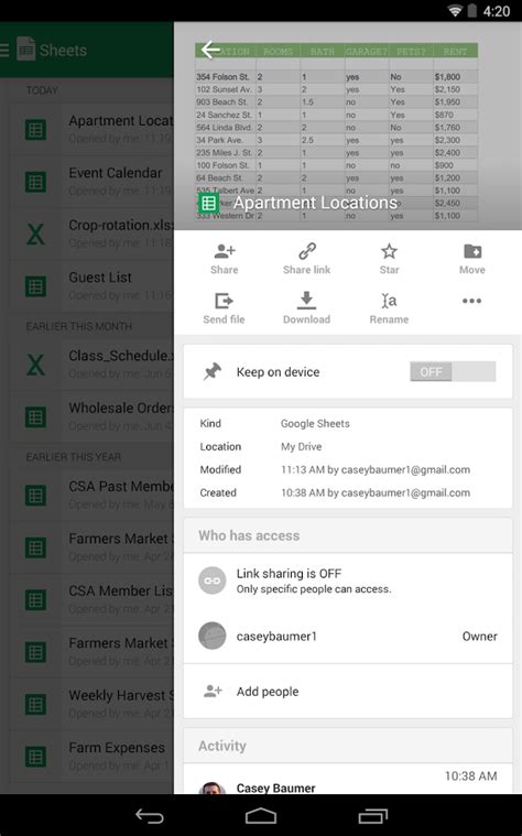 There's a variety of spreadsheet apps for android available in the google play store. Google Sheets » Apk Thing - Android Apps Free Download