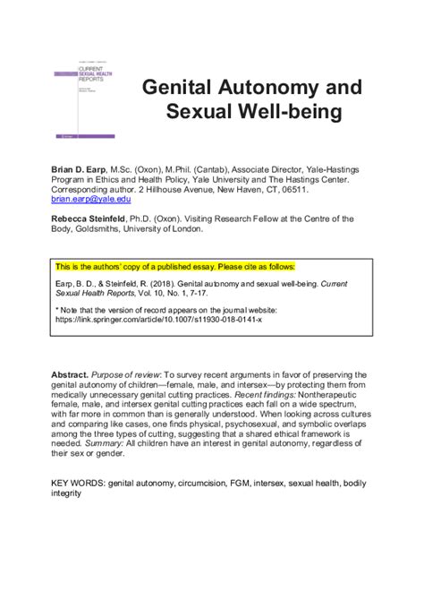 Pdf Genital Autonomy And Sexual Well Being Brian D Earp And Rebecca Steinfeld