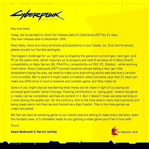Postponement Of Cyberpunk 2077 Release Cd Projekt