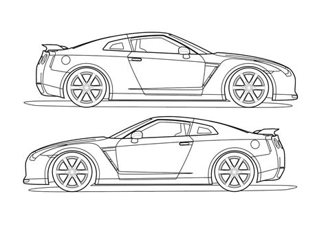 Side View Vector Line Drawing Of A Nissan Gt R Trashedgraphics
