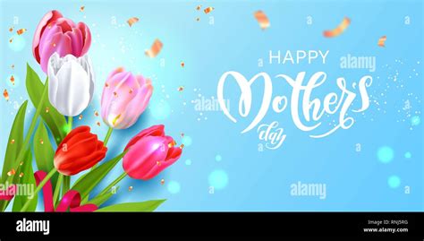 Realistic Vector Colorful Tulips Background Spring Flowers Blue Card