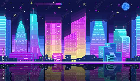 Night City Landscape Neon Pixel Background With Hight Buildings