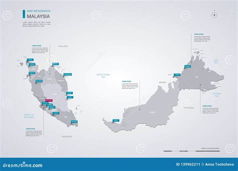 Malaysia Vector Map With Infographic Elements Pointer Marks Stock