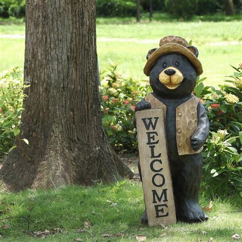 Hi Line T Ltd Bear Standing With Welcome Sign Statue