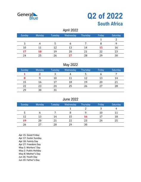 Q2 2022 Quarterly Calendar With South Africa Holidays