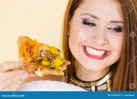 Woman Eating Hot Pizza Slice Stock Image Image Of Adult Bite 167262617
