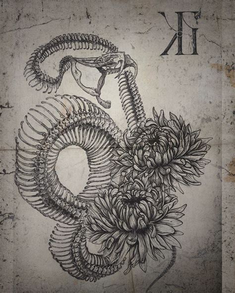 Checkp Snakes Skeleton Snake Chrysanthemum Flowers Engraving Tattoo