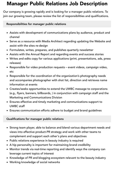 Manager Public Relations Job Description Velvet Jobs