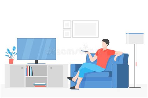 Guy Watching Television Flat Vector Illustration Young Man Sitting On Comfortable Couch Holding