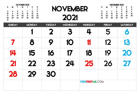 Free Printable November 2021 Calendar Pdf Png Image