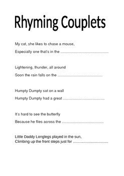 Couplet examples, however examples of poetry form: Rhyming Couplet Sheet by Marks Teaching Resources | TpT