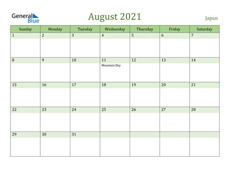 Japan August 2021 Calendar With Holidays