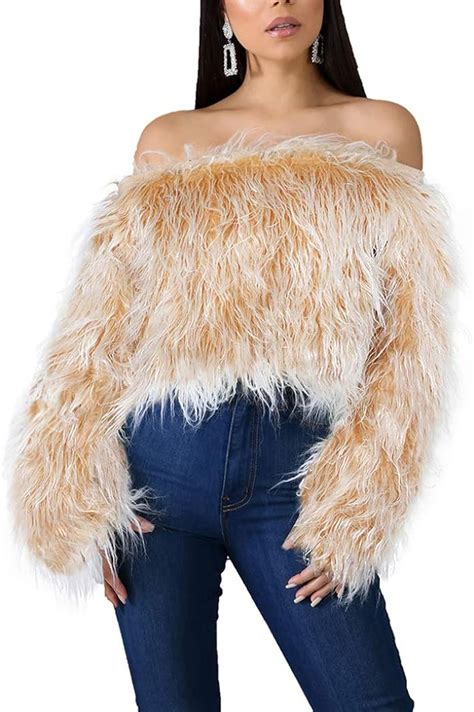 Cqwl Womens Sexy One Shoulder Shaggy Faux Fur Pullover Sweaters Winter Long Sleeve Long Fur Crop