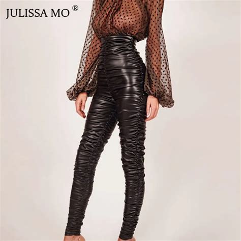julissamo black pleated pu leather pants women autumn high waist elastic long pencil pants