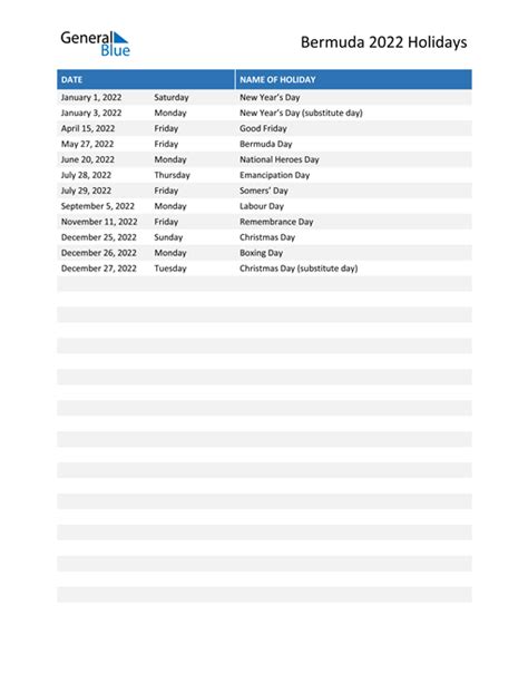 Bermuda Holidays 2022 In Pdf Word And Excel