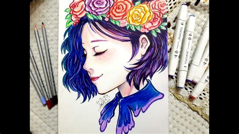 رسم وتلوين فتاة أنمي بالألوان الخشبية والماركر Drawing Anime Girl