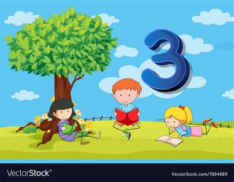 Flashcard Number 3 With Three Children In Park Vector Image