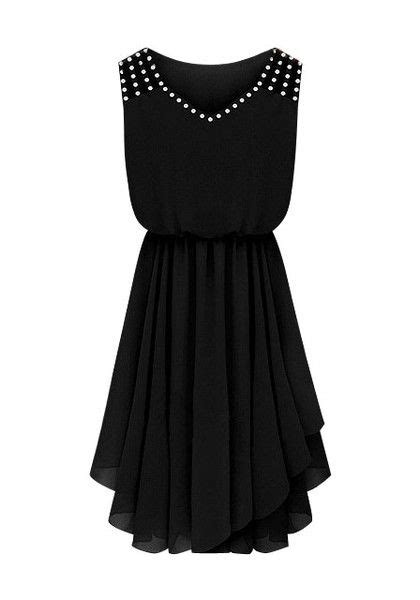 Studded Black Chiffon Dress With Faux Rhinestones Adorned At The Neck