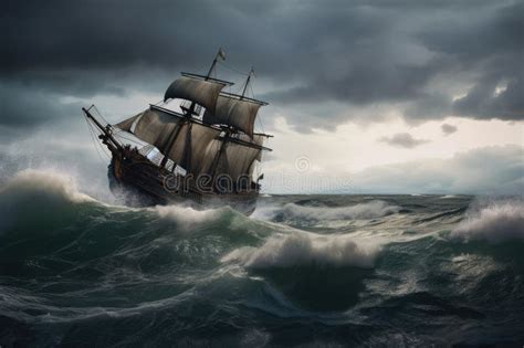 Pirate Ship In Stormy Sea With Waves Crashing Against The Hull Stock