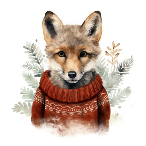 Cute Woodland Red Wolf in Winter Sweater Watercolor Style, for Kids