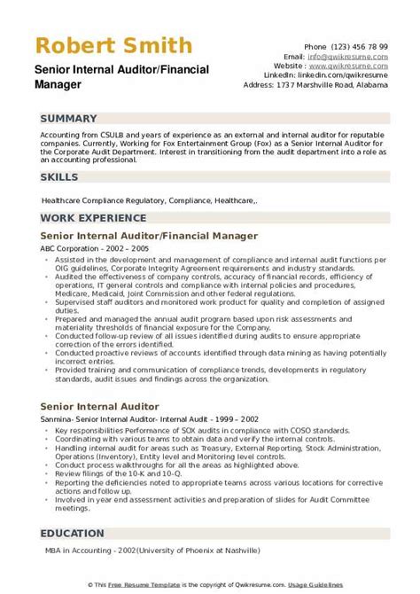 Senior internal auditor cv sample. Senior Internal Auditor Resume Samples | QwikResume