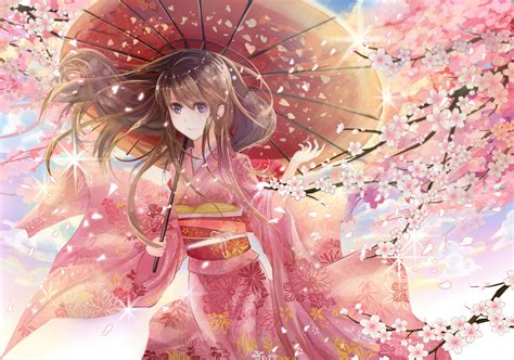 Wallpaper Short Hair Cherry Blossom Petals Kimono Ani