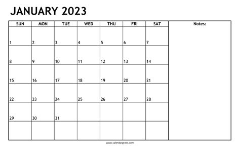 January 2023 Calendar With Notes Section Printable Monthly Planner