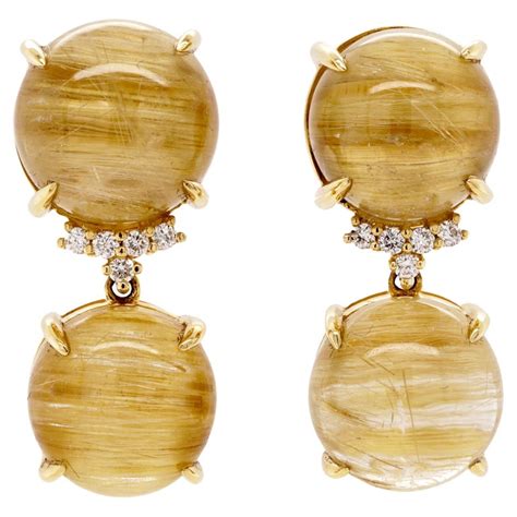 Fei Liu Rutilated Quartz Diamond 18 Karat Yellow Gold Drop Earrings For