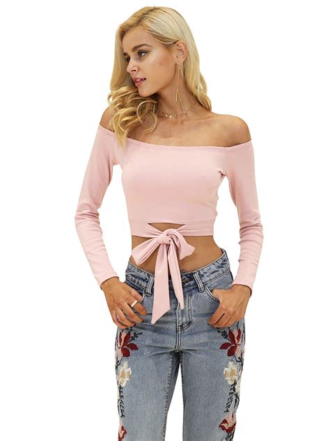 simplee women s sexy off shoulder long sleeve top tees bow tie knotted crop tops at amazon women