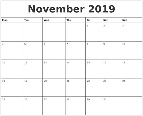 New November Printable Calendar 2019 Free Printable Calendar Monthly
