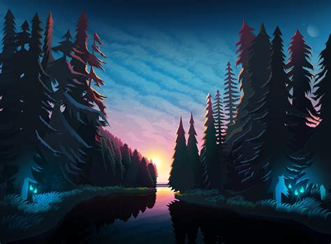 Wallpaper River Forest Sunset Landscape Art Hd Widescreen High