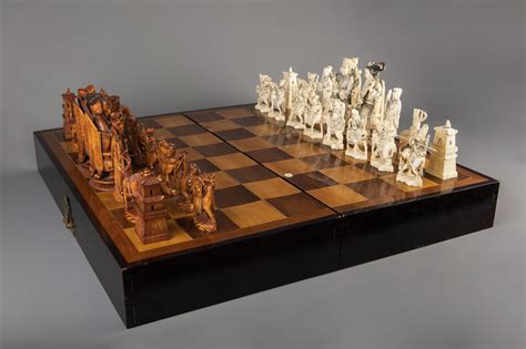 A Large Chinese Carved Ivory Chess Set With Board Second Quarter 20th