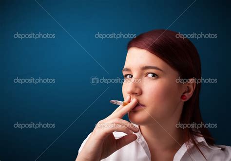 Beautiful Woman Smoking Cigarette Vith Copy Space Stock Photo By