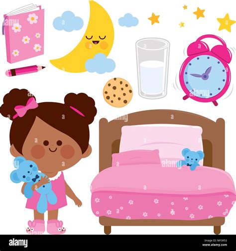 Cute Girl Getting Ready For Bed At Night Vector Illustration Elements