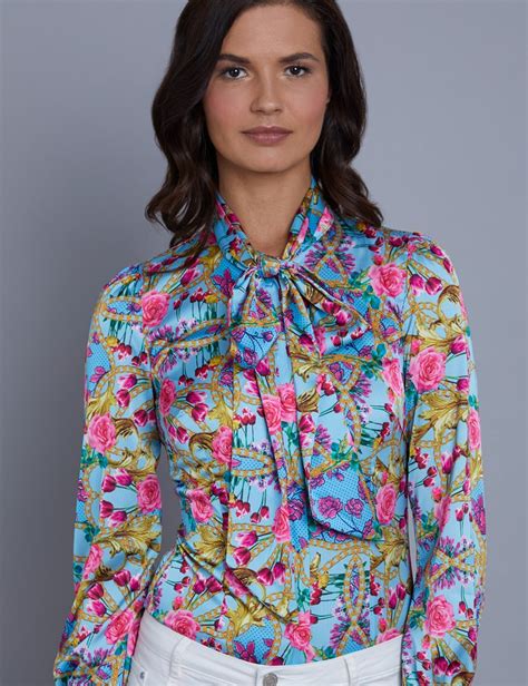 Womens Blue Floral Stripe Fitted Satin Blouse Single Cuff Pussy Bow Hawes And Curtis