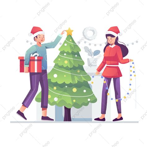 Gambar Ilustrasi Vektor Kartun Pohon Natal Dekorasi Keluarga Dan