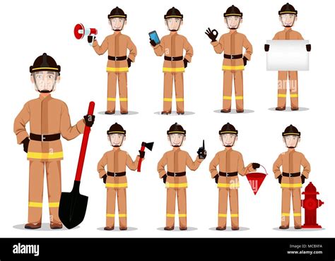 Firefighter In Professional Uniform And Safe Helmet Set Fireman Cartoon Character Vector