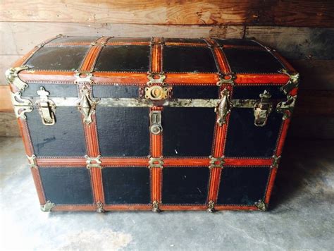 Large Vintage Trunk With Original Canvas And Wood Accents Leather And